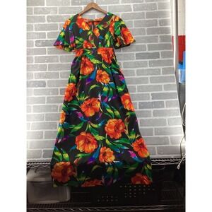 Vintage Made in Hawaii Floral Maxi Dress Black Orange Tropical Flutter Sleeve 10
